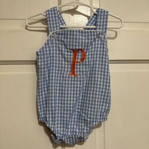 12 Month “P” Monogrammed Blue Gingham Outfit One Outfit Bubble Embroidered